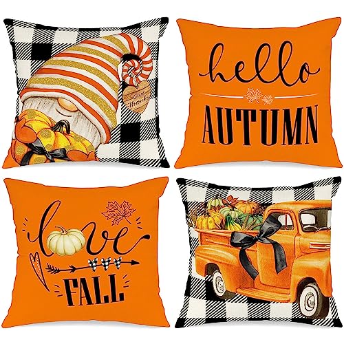 Benjia 4 Stück Kissenbezug Herbst Kissenhülle 40x40 cm, Pumpkin Gnom Truck Herbst Kissen Dekorative Herbstkissen für Thanksgiving Halloween Bettwäsche Sofa Decorations Schwarz 40 x 40 cm von Benjia