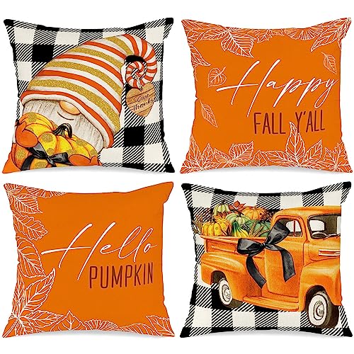 Benjia 4 Stück Kissenbezug Herbst Kissenhülle 40x40 cm, Pumpkin Gnom Truck Herbst Kissen Dekorative Herbstkissen für Thanksgiving Halloween Bettwäsche Sofa Decorations Weiss 40 x 40 cm von Benjia