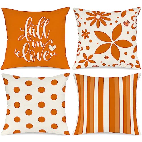 Benjia 4 Stück Kissenbezug Herbst Kissenhülle 45x45 cm, Dotted Line Herbst Kissen Dekorative Herbstkissen für Thanksgiving Halloween Bettwäsche Sofa Decorations Orange 45 x 45 cm von Benjia