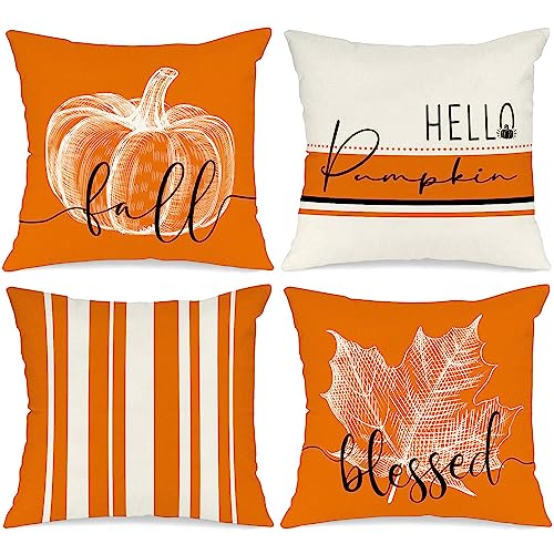 Benjia 4 Stück Kissenbezug Herbst Kissenhülle 45x45 cm, Kürbis Ahornblatt Netz Herbst Kissen Dekorative Herbstkissen für Thanksgiving Halloween Bettwäsche Sofa Decorations Orange 45 x 45 cm von Benjia