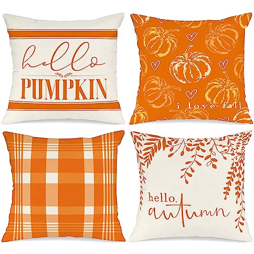 Benjia 4 Stück Kissenbezug Herbst Kissenhülle 45x45 cm, Kürbis Karierte Blätter Herbst Kissen Dekorative Herbstkissen für Thanksgiving Halloween Bettwäsche Sofa Decorations Orange 45 x 45 cm von Benjia