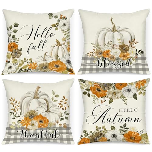 Benjia 4 Stück Kissenbezug Herbst Kissenhülle 50x50 cm, Grauer Kürbiskranz Dekorative Herbstkissen für Thanksgiving Halloween Bettwäsche Sofa Decorations 50 x 50 cm von Benjia