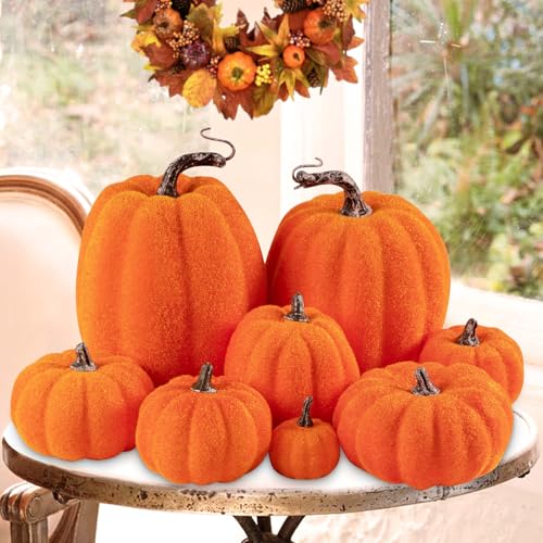 Benjia 8 Stück Künstliche Kürbisse Herbstdekorationen, Beflockte künstliche Kürbisse Gefälschter Kürbis für Innen Außen Halloween Erntedankfest Herbst Dekoration (Orange) von Benjia