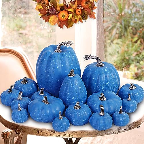 Benjia Kürbis Herbst Deko Dekoration Draußen, Groß Mini Blau Kürbisse Zierkürbisse Herbstdeko Herbstdekorationen Halloween (Blau, 16 Stück) von Benjia