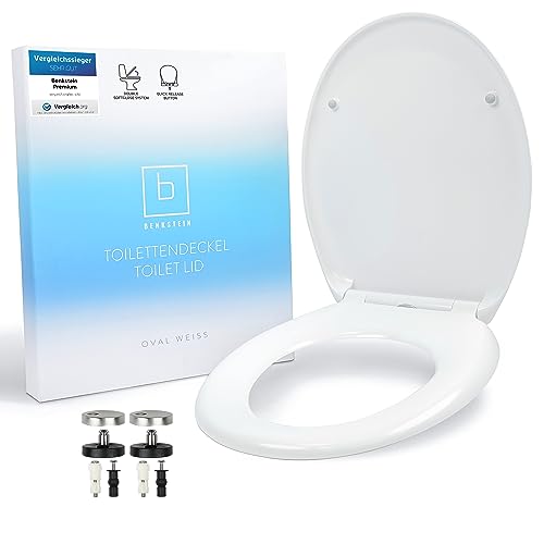 Benkstein® Premium Toilettendeckel antibakteriell oval weiß - Duroplast Klodeckel mit Quick-Release-Funktion und Softclose Absenkautomatik - Toilettensitz aus rostfreiem Edelstahl abnehmbar WC Sitz von BENKSTEIN