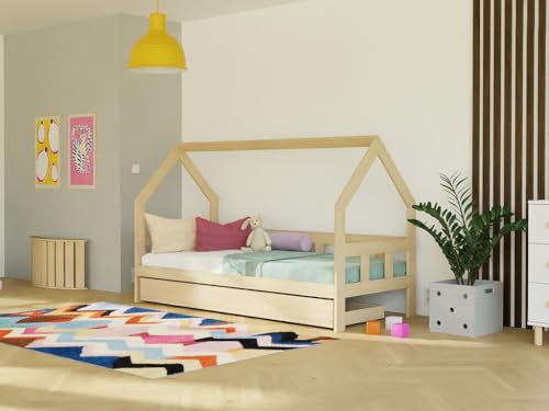 Benlemi Fence 2in1 Kinderbett | in Form eines Hauses | aus Holz | mit Schutzgitter und Aufbewahrungsschublade | 120x200 (Dunkelgrau, Mit offenem Eingang) von Benlemi