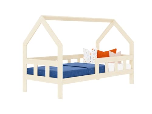 Benlemi Fence 2in1 Kinderbett | in Form eines Hauses | mit Seitenwand | aus Holz | 120x200 cm (Pastellrosa, Mit Schranke) von Benlemi