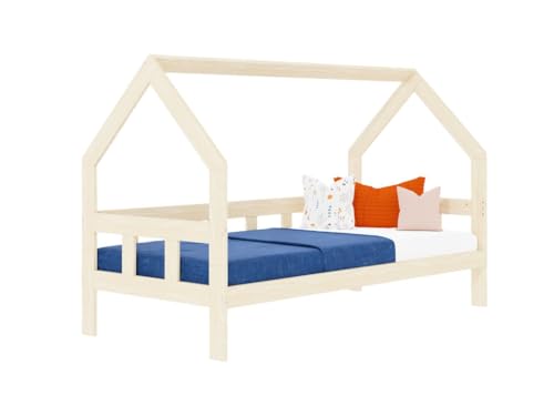 Benlemi Fence 2in1 Kinderbett | in Form eines Hauses | mit Seitenwand | aus Holz | 120x200 cm (Pastellrosa, Mit offenem Eingang) von Benlemi