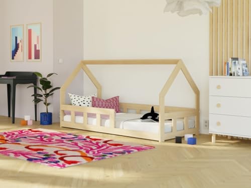 Benlemi Fence 6in1 Kinderbett | in Form eines Hauses | niedrig | mit Seitenwand | aus Holz | 120x200 cm (Pastellrosa, Mit Schranke) von Benlemi
