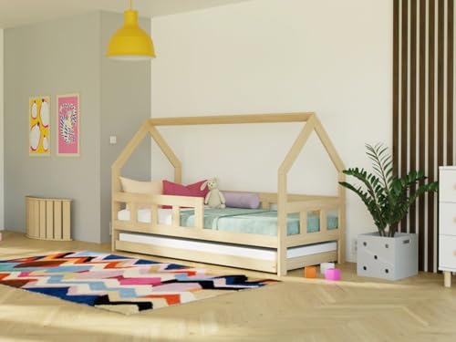 Benlemi Kinderbett in Form eines Hauses Fence 2in1 | aus Holz | mit Gitter und Zusatzbett (Dunkelgrau, Mit Einer Schranke) von Benlemi