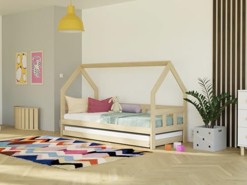 Benlemi Kinderbett in Form eines Hauses Fence 2in1 | aus Holz | mit Gitter und Zusatzbett (Dunkelgrau, Mit offenem Eingang) von Benlemi
