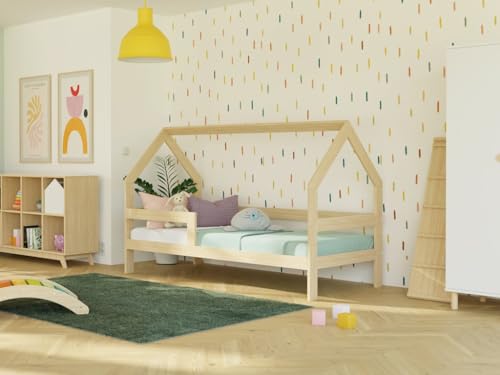 Benlemi Safe 3in1 Kinderbett | in Form eines Hauses | mit Schutzgitter | aus Holz | 120x200cm (Dunkelgrau, Mit Schranke) von Benlemi
