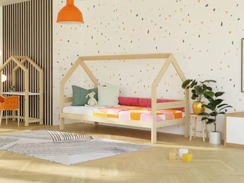 Benlemi Safe 3in1 Kinderbett | in Form eines Hauses | mit Schutzgitter | aus Holz | 90x200cm (Transparenter Matter Wachs-Lack, Mit offenem Eingang) von Benlemi