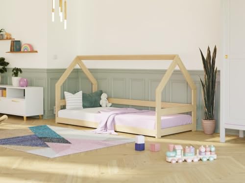 Benlemi Safe 8in1 niedriges Kinderbett | in Form eines Hauses | aus Holz | mit Schutzgitter | 120x200 | (Pastellrosa, Mit offenem Eingang) von Benlemi