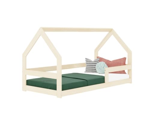 Benlemi Safe 8in1 niedriges Kinderbett | in Form eines Hauses | aus Holz | mit Schutzgitter | 90x200 | (Pastellrosa, Mit Schranke) von Benlemi