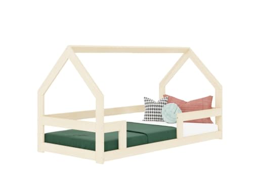 Benlemi Safe 8in1 niedriges Kinderbett | in Form eines Hauses | aus Holz | mit Schutzgitter | 90x200 | (Pastellrosa, Mit Zwei Schranken) von Benlemi
