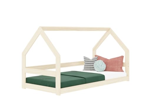 Benlemi Safe 8in1 niedriges Kinderbett | in Form eines Hauses | aus Holz | mit Schutzgitter | 90x200 | (Pastellrosa, Mit offenem Eingang) von Benlemi