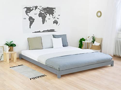 Benlemi Stilvolles Doppelbett im japanischen Stil Tatami 180x200 cm Grau Massivholzbett mit Lattenrost/100% Natürliche Lacke von Benlemi