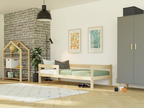 Einzelbett aus Holz Safe 5-in-1 mit Barriere 80x180 cm Transparente Matte Wachslasur, Mit offenem Eingang Einzelbett aus Holz Safe 5-in-1 mit Barriere 80x180 cm Transparente Matte Wachslasur, Mit offenem Eingang von Benlemi