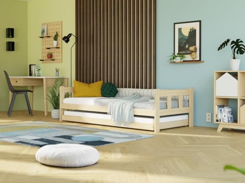 Einzelbett mit Kopfteilen Fence 2-in-1 aus Holz mit Ausziehbett 90x200 cm Pastellrosa Einzelbett mit Kopfteilen Fence 2-in-1 aus Holz mit Ausziehbett 90x200 cm Pastellrosa von Benlemi