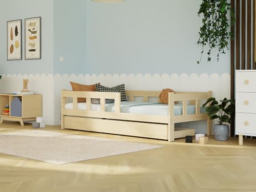 Holzeinzelbett Fence 4-in-1 mit Barriere und Aufbewahrungsschublade 135x190 cm Ziegel, Mit offenem Eingang Holzeinzelbett Fence 4-in-1 mit Barriere und Aufbewahrungsschublade 135x190 cm Ziegel, Mit offenem Eingang von Benlemi