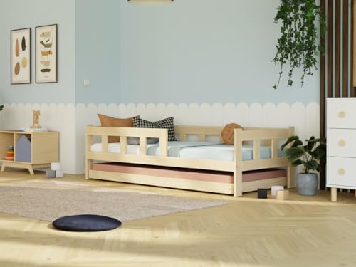 Holzeinzelbett Fence 4-in-1 mit Barriere und Ausziehbett 90x180 cm Ziegel, Mit einem Rausfallschutz rechts Holzeinzelbett Fence 4-in-1 mit Barriere und Ausziehbett 90x180 cm Ziegel, Mit einem Rausfallschutz rechts von Benlemi