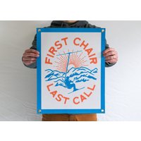 First Chair Last Call Filz Banner | Ski Lager Flagge Kunst Geschenk. Vintage Typografie Wimpel Mit Messingbeschlägen Wohndekor. Usa-Handgemacht von BenoitsDesignCo