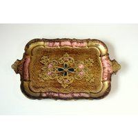Kleines Florentiner Tablett Gold/Rosa Mit Blauen Akzenten Made in Italy Serviertablett Holz Vintage Mid Century Wooden Florentine Tray von BensGermanVintage