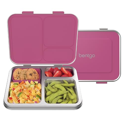 Bentgo® Lunchbox für Kinder, Edelstahl, auslaufsicher, 2022 Bento-Stil mit verbesserten Riegeln, 3 Fächern und Bonus-Behälter, umweltfreundlich, spülmaschinenfest, BPA-frei (Fuchsia) von Bentgo