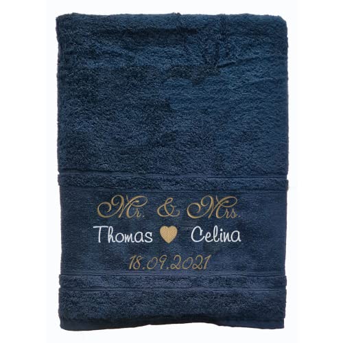 Bentini Duschtuch Mr. & Mrs. | Gr. 70 x 140 | Personalisiert Bestickt Namen & Datum des Paares | Hochzeit | Verlobung (Navy) von Bentini