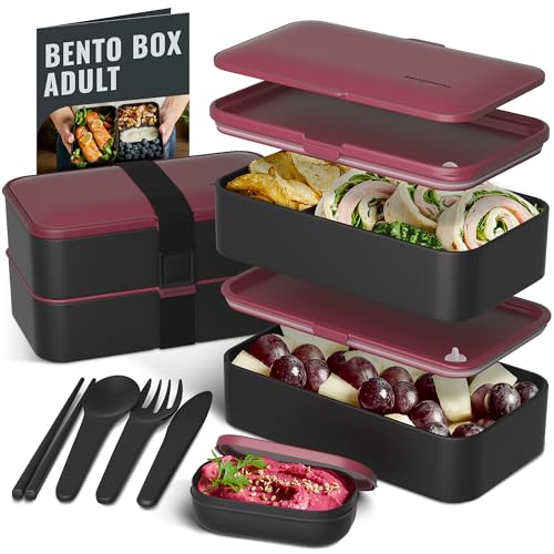 Bentoheaven Premium Bento Box Erwachsene Lunchbox mit 2 Fächern (40oz), Besteck & Set Essstäbchen, großer Dip-Behälter, süße schwarze japanische Bento-Box, rechteckig, mikrowellengeeignet (Very Berry) von Bentoheaven