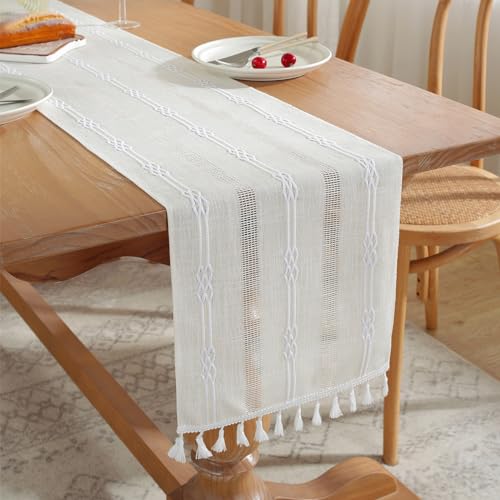 Beige Tischläufer Boho Style Abwaschbar Tischläufer , 180x33 cm Tisch Läufer mit Handquasten, Tisch Dekoration Party Hochzeit Tabletop Dekor von Benust