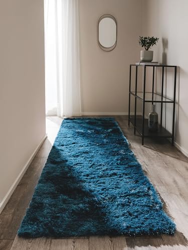 benuta Nest Hochflorteppich Whisper - Kunstfaser - Läufer & im Style: Uni, Elegant - Pflegeleicht für Wohnzimmer Schlafzimmer, Blau, 80x300 cm von benuta