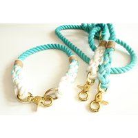 Hundehalsband Mit Karabinerverschluss | Hundeleine 2M, 3Fach Verstellbar Seil Aus 100% Baumwolle Tau Set Handgefärbt in Ombre Türkis von BenzoDesign