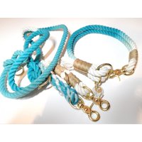 Hundehalsband Mit Karabinerverschluss | Hundeleine 2M, 3Fach Verstellbar Seil Aus 100% Baumwolle Tau Set Handgefärbt in Ombre Azurblau von BenzoDesign