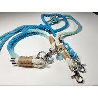 Hundehalsband Mit Karabinerverschluss | Hundeleine 2M, 3Fach Verstellbar Seil Aus 100% Baumwolle Tau Set Handgefärbt in Ombre Azurblau von BenzoDesign