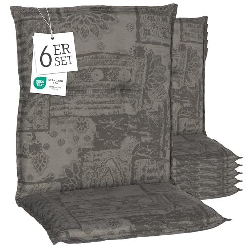 Beo® Barcelona Niedriglehner Gartenstuhlauflagen 6er Set | Waschbar | Öko-Tex Standard | Atmungsaktiv & UV-beständig | Extra Dicke Sitzkissen Outdoor | Ornamente grau auf grau von Beo