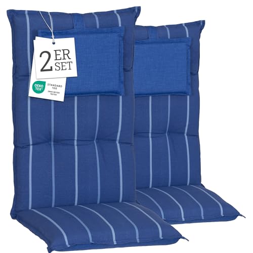 Beo® Hochlehner Gartenstuhl-Auflagen Turin | 2er Set | Waschbar & Atmungsaktiv | Made in EU, Öko-Tex Standard | Blau/Gestreift | UV-beständige Sitzkissen Outdoor von Beo