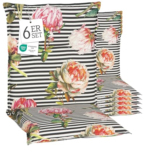 Beo® Turin Niedriglehner Gartenstuhlauflagen 6er Set | Waschbar | Made in EU | Öko-Tex Standard | Atmungsaktiv | UV-beständig | 8 cm Dicke Sitzkissen Outdoor von Beo