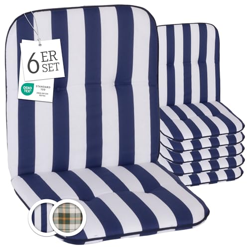 Beo Bali Gartenstuhl-Auflagen Niedriglehner 96x47 cm, 6er Set | Waschbare, UV-beständige Sitz-Kissen | Atmungsaktive Polster-Auflagen nach Öko-Tex Standard | Blau-Weiß gestreift | Made in EU von Beo