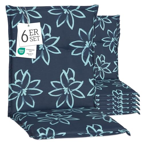 Beo Gartenstuhl-Auflagen Barcelona Niedriglehner 100 x 50 cm (6er-Pack) | Waschbare, UV-beständige Sitz-Kissen | Atmungsaktive Polster-Auflagen nach Öko-Tex Standard | Blaue Blumen | Made in EU von Beo