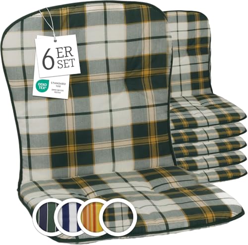 Beo Gartenstuhl-Auflagen Kos Niedriglehner 80x44 cm, 6er Set | Waschbare, UV-beständige Sitz-Kissen | Atmungsaktive Polster-Auflagen nach Öko-Tex Standard | Grün kariert | Made in EU von Beo