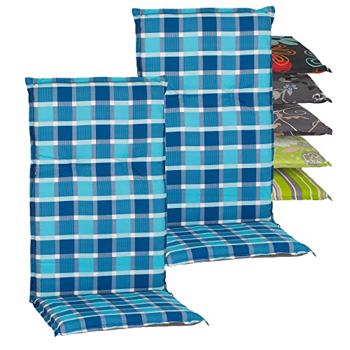 Beo Gartenstuhlauflagen Hochlehner 2er Set Barcelona | Made in EU nach Öko-Tex Standard | Hochlehner Auflagen waschbar | Atmungsaktive, UV-beständige Stuhlauflagen Hochlehner in Blau Kariert von Beo