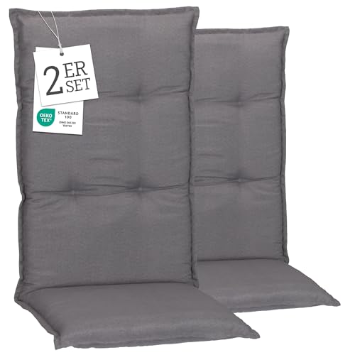 Beo Hochlehner-Auflagen 2er Set Wasserabweisend Turin | Made in EU Premium-Qualität | Gartenstuhl-Auflagen UV-beständig und fleckenabweisend | Atmungsaktive Stuhlauflagen Hochlehner in Grau von Beo