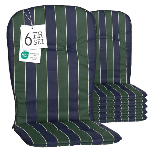 Beo Hochlehner Auflagen 6er Set Waschbar Kos | Made in EU nach Öko-Tex Standard | Atmungsaktive Gartenstuhlauflagen Hochlehner | UV-beständige Auflagen Hochlehner mit Streifen in Blau-Grün von Beo
