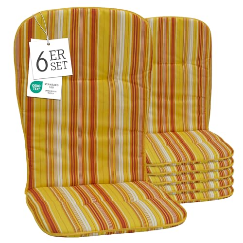 Beo Hochlehner Auflagen 6er Set Waschbar Kos | Made in EU nach Öko-Tex Standard | Atmungsaktive Gartenstuhlauflagen Hochlehner | UV-beständige Auflagen Hochlehner mit Streifen in Gelb-Orange-Weiß von Beo