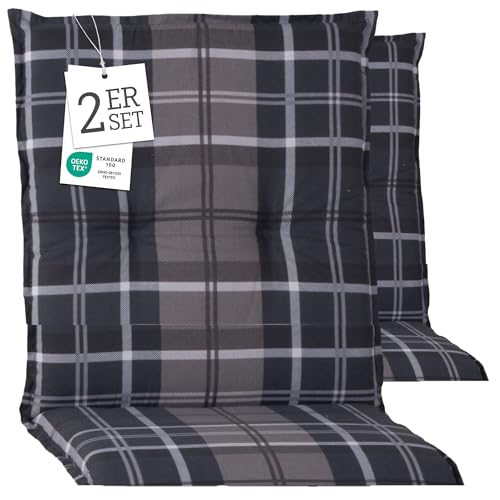 Beo Niedriglehner Auflagen 2er Set Barcelona | Made in EU nach Öko-Tex Standard | Waschbare Stuhlauflage Niedriglehner mit Halteband | Atmungsaktive Auflagen Niedriglehner in Grau-Anthrazit Kariert von Beo