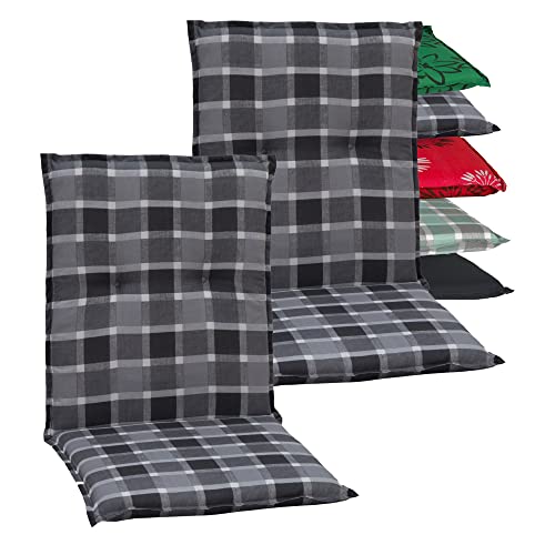 Beo Niedriglehner Auflagen 2er Set Barcelona | Made in EU nach Öko-Tex Standard | Waschbare Stuhlauflage Niedriglehner mit Halteband | Atmungsaktive Auflagen Niedriglehner in Grau-Weiß Kariert von Beo