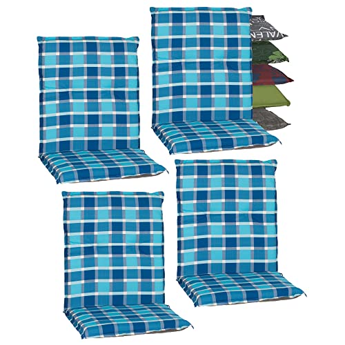 Beo Niedriglehner Auflagen 4er Set Barcelona | Made in EU nach Öko-Tex Standard | Waschbare Stuhlauflage Niedriglehner mit Halteband | Atmungsaktive Auflagen Niedriglehner in Blau Kariert von Beo