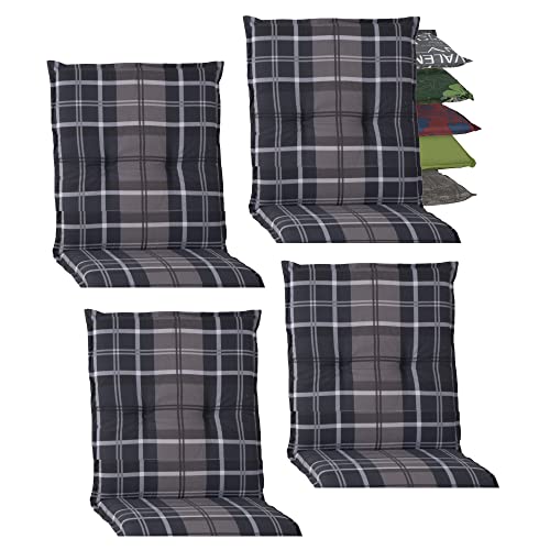 Beo Niedriglehner Auflagen 4er Set Barcelona | Made in EU nach Öko-Tex Standard | Waschbare Stuhlauflage Niedriglehner mit Halteband | Atmungsaktive Auflagen Niedriglehner in Grau-Anthrazit Kariert von Beo